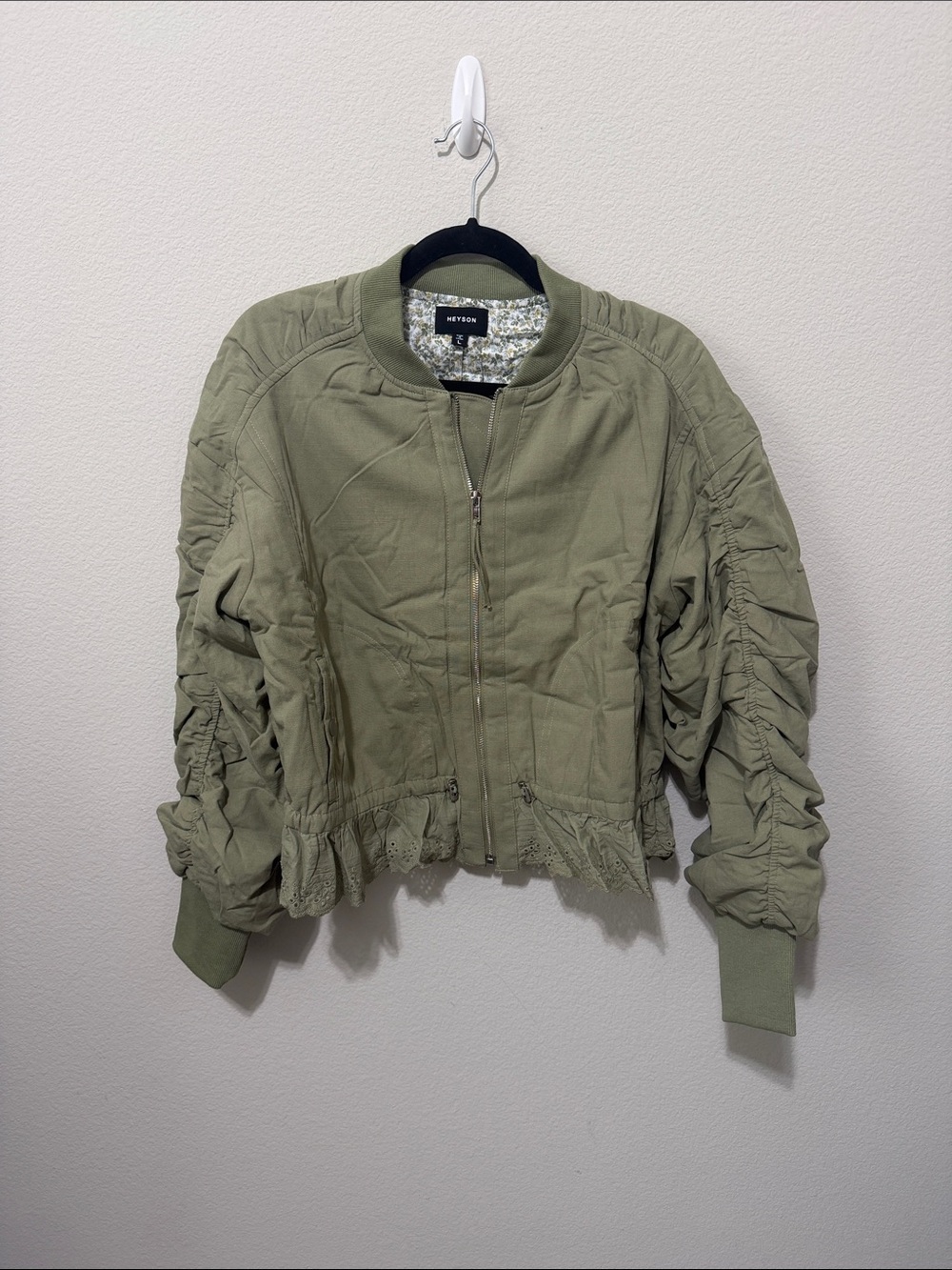 Heyson Rouched Sleeve Olive Bomber Jacket .SU26A